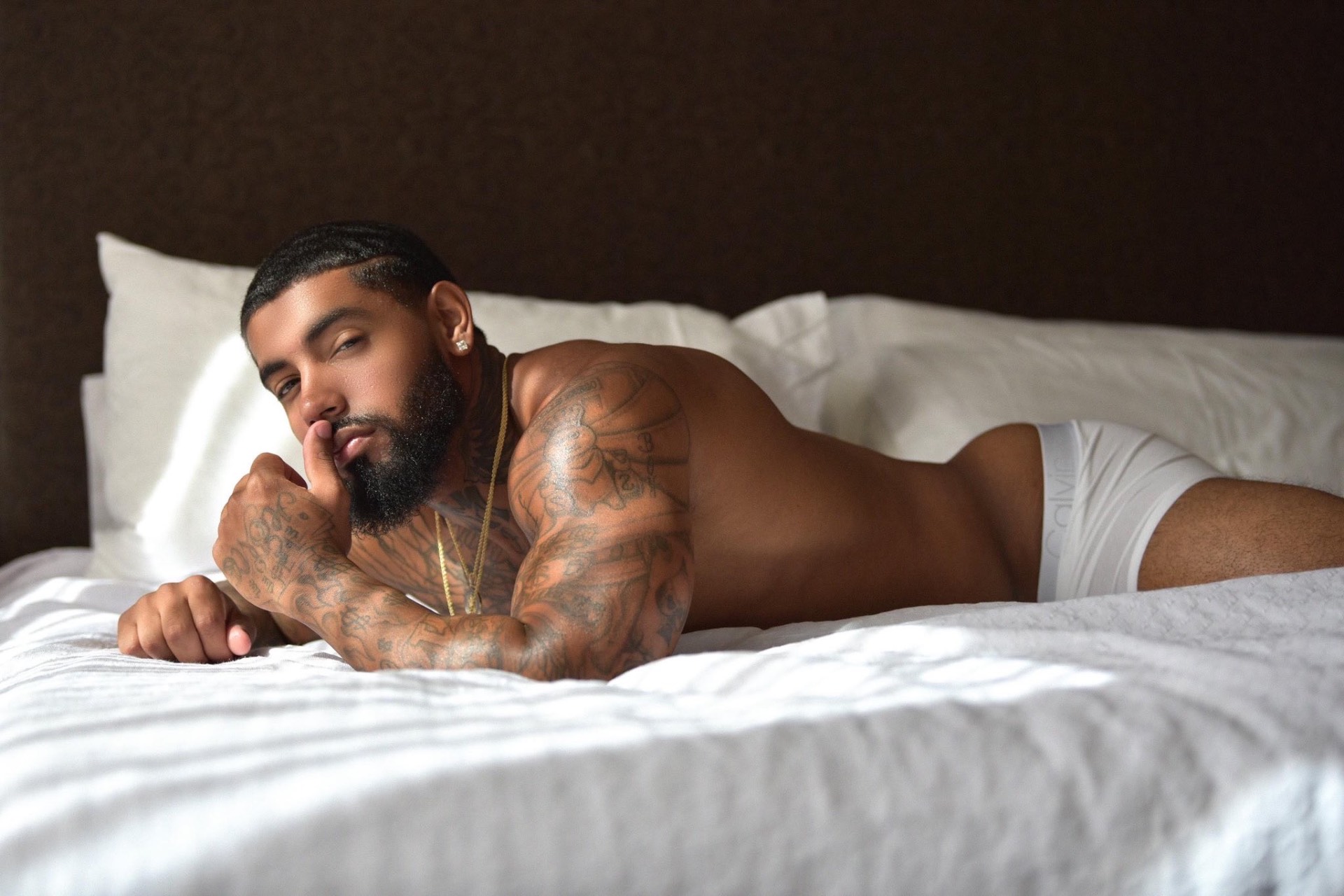 Fredo reclining on white bedding